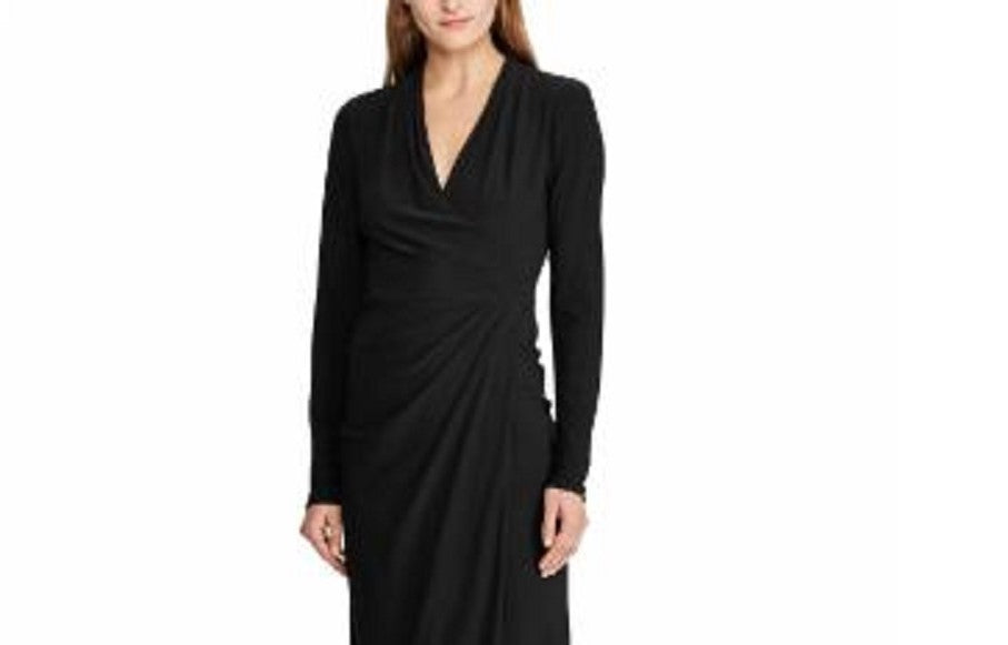 Vestido midi de manga comprida e decote em V Ralph Lauren feminino, preto, tamanho 10