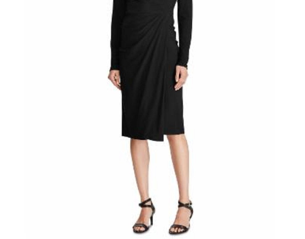 Vestido midi de manga comprida e decote em V Ralph Lauren feminino, preto, tamanho 10