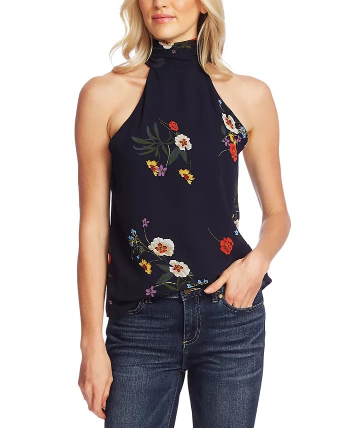 Blusa feminina Vince Camuto com estampa floral e gola alta, azul, tamanho grande