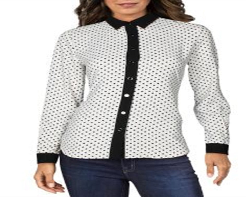 Blusa feminina Anne Klein com botões e acabamento contrastante, branca, tamanho 4
