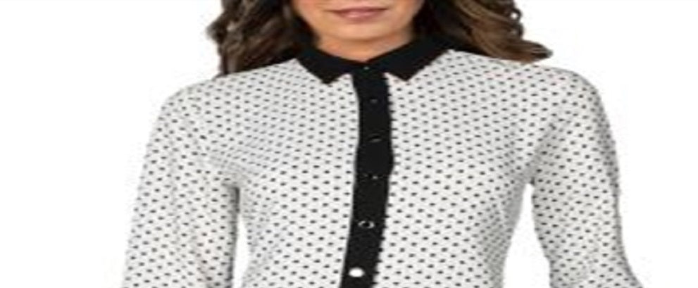 Blusa feminina Anne Klein com botões e acabamento contrastante, branca, tamanho 4
