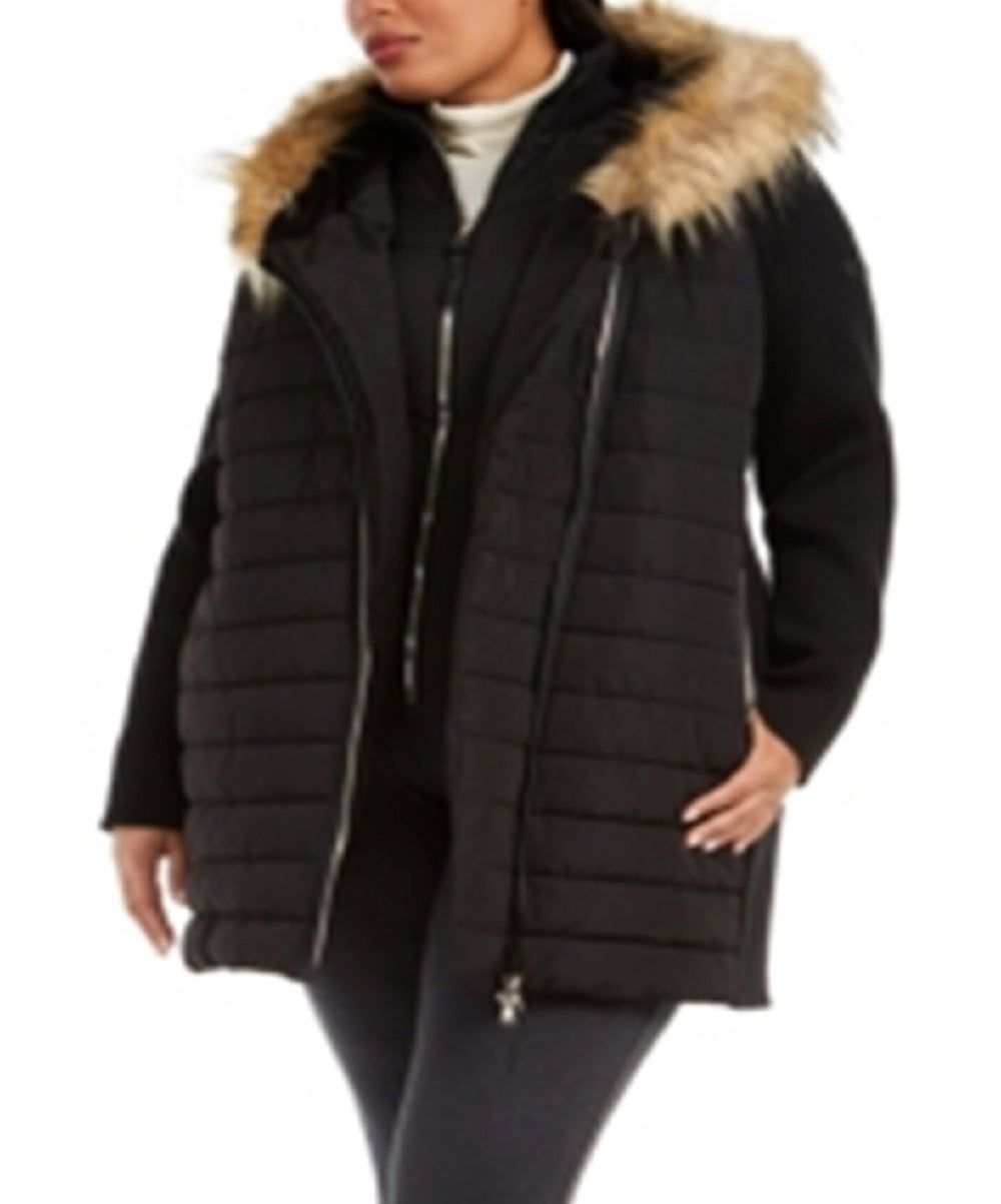 Casaco acolchoado Calvin Klein feminino com acabamento em pele sintética, preto, tamanho 2X