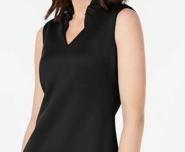 Vestido de festa Calvin Klein feminino, sem mangas, com zíper e babados, decote em V acima do joelho, preto, tamanho 12 pequeno