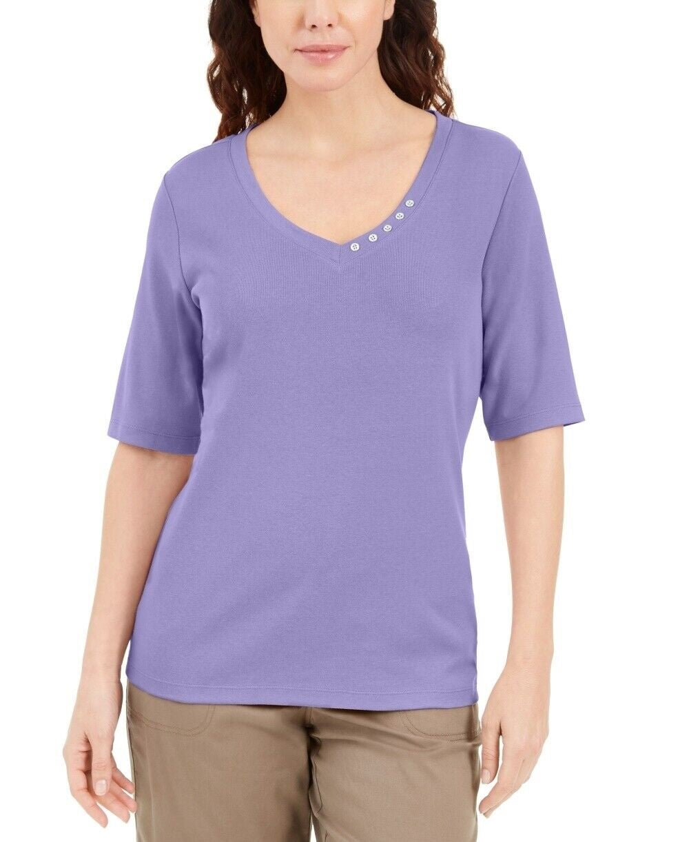 Blusa feminina Karen Scott com decote em V e detalhes em botões, roxa, tamanho médio