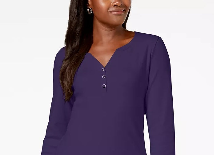 Karen Scott Blusa Feminina Petite Cotton Henley com Gola Roxa Tamanho Médio