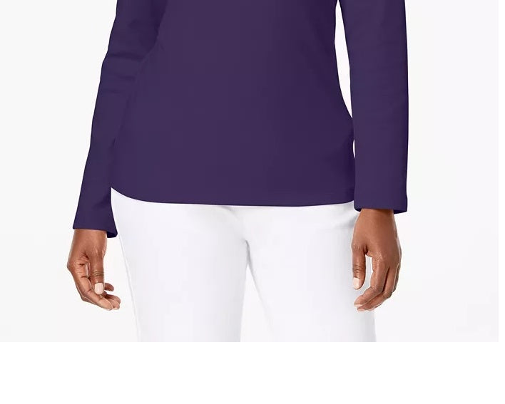 Karen Scott Blusa Feminina Petite Cotton Henley com Gola Roxa Tamanho Médio