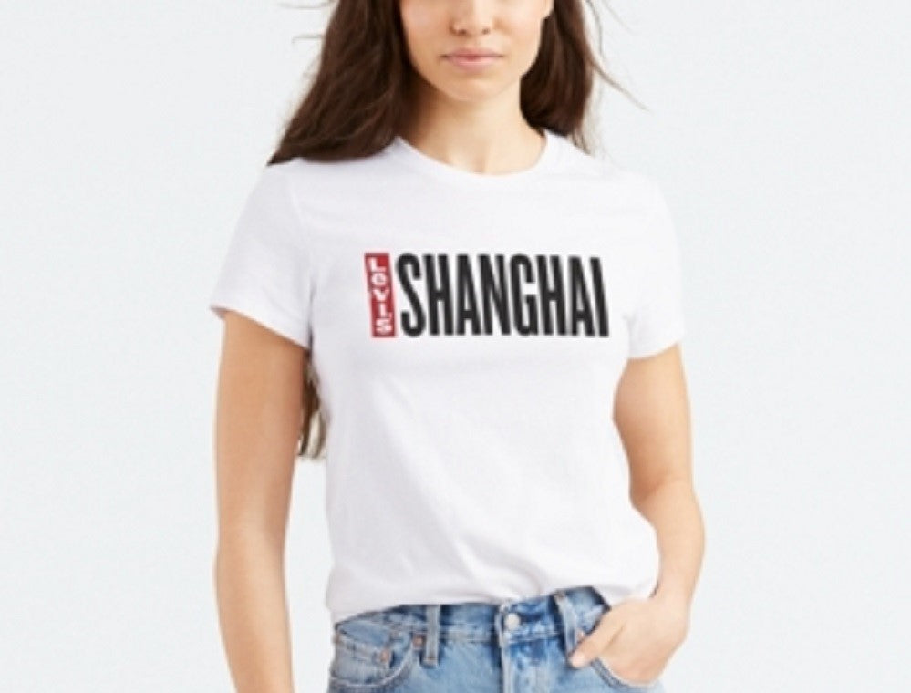 Camiseta feminina Levi's de algodão Shanghai com estampa gráfica, branca, tamanho médio