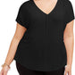 Blusa feminina Bar III de manga curta e decote em V, preta, tamanho 2X