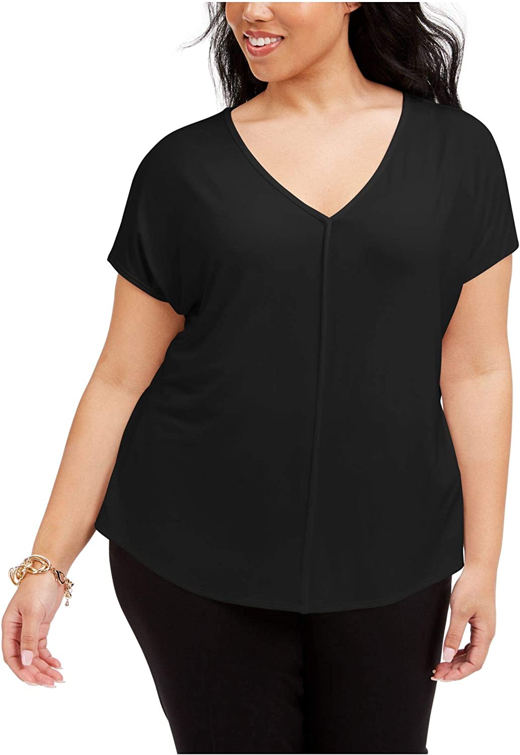 Blusa feminina Bar III de manga curta e decote em V, preta, tamanho 2X