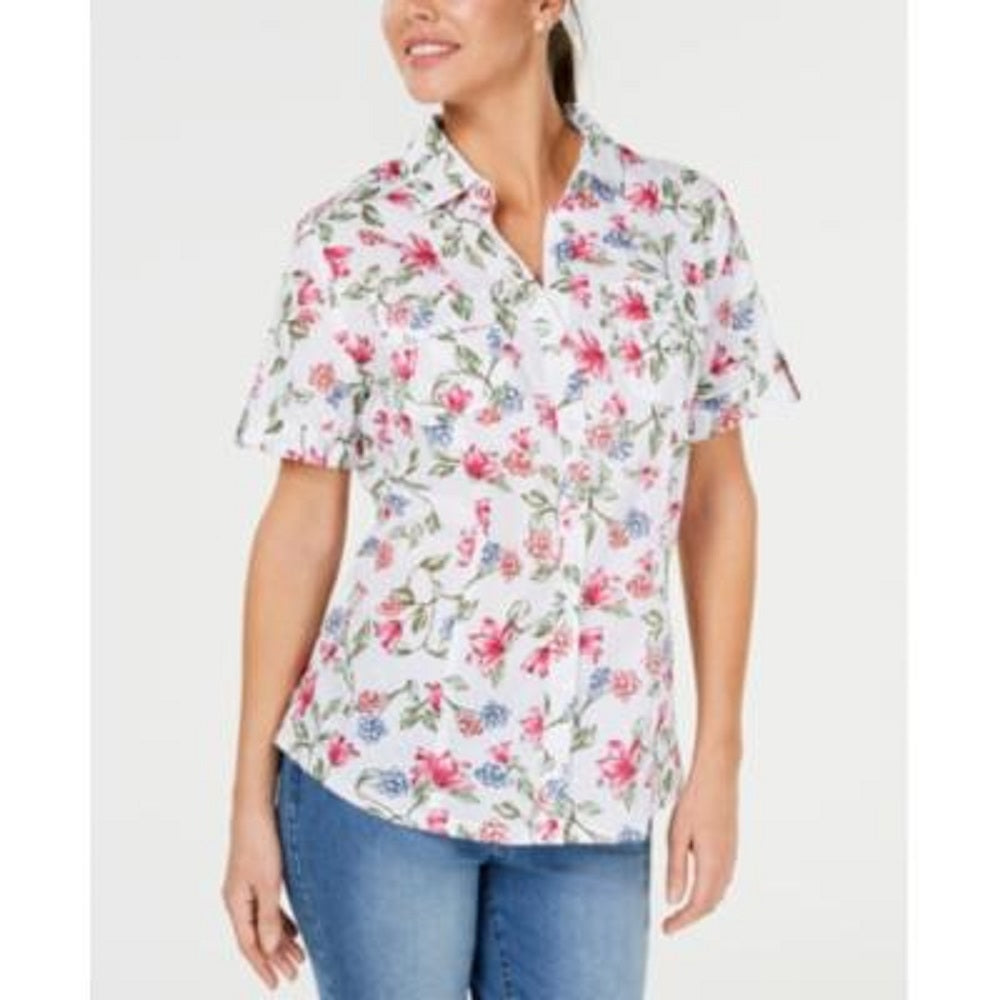Camisa de algodão texturizada Iris Bliss feminina Karen Scott, branca, tamanho pequeno P