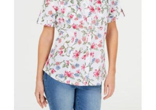 Camisa de algodão texturizada Iris Bliss feminina Karen Scott, branca, tamanho pequeno P