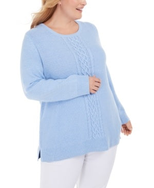 Karen Scott Suéter Feminino Plus Size 1X em Malha Canelada e Gola Redonda Azul