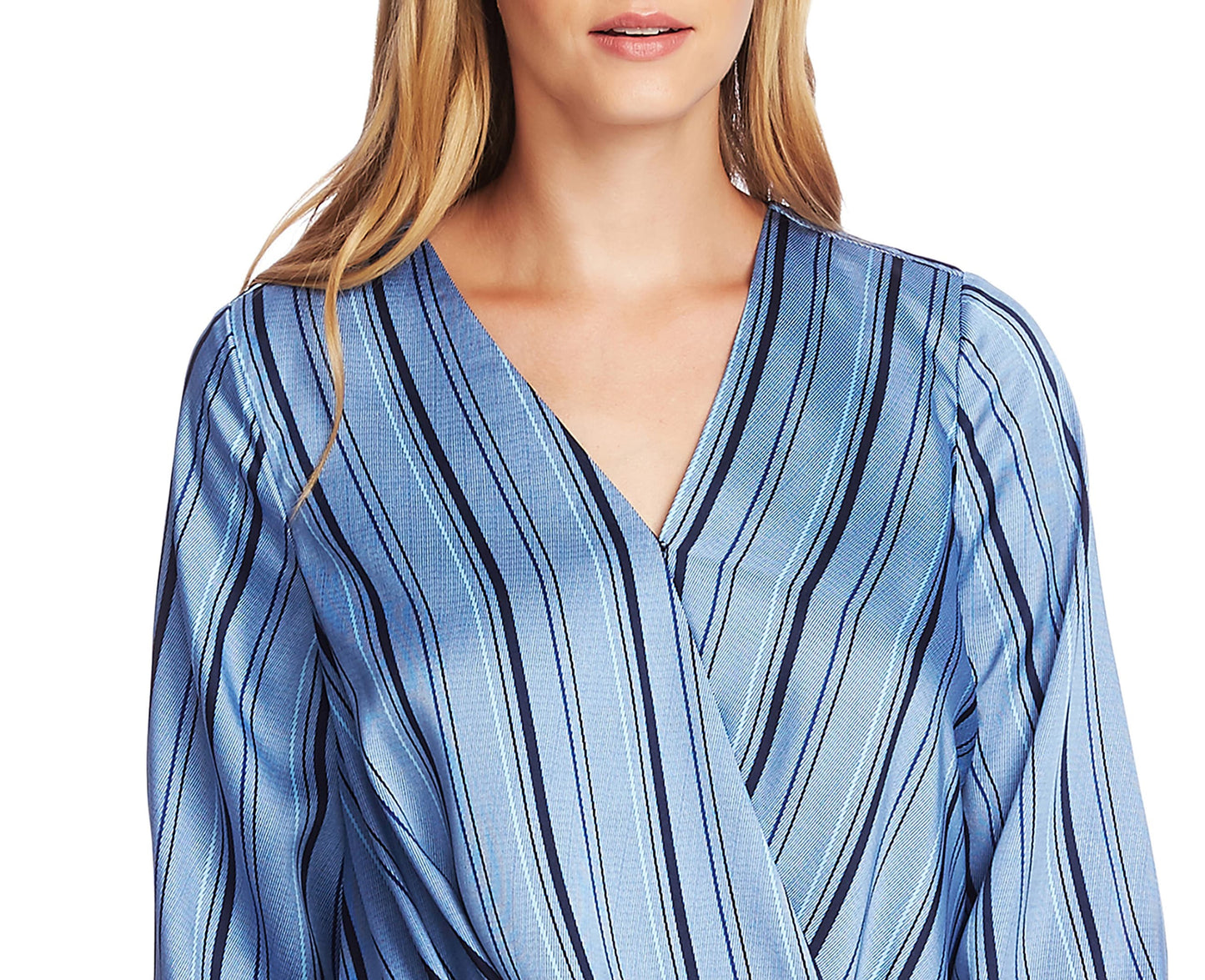 Blusa feminina listrada Vince Camuto para escritório, azul, tamanho médio