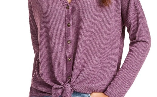 Blusa de malha waffle com amarração frontal Ultra Flirt Junior, roxa, tamanho extragrande