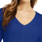 Suéter feminino com textura canelada e manga comprida, gola V, azul, tamanho pequeno