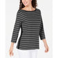 Blusa feminina Karen Scott de algodão listrada com bainha ventilada, preta, tamanho X-S