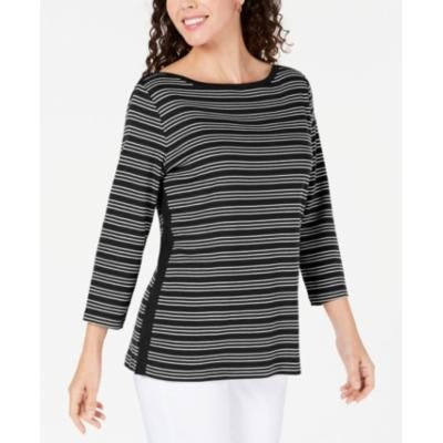 Blusa feminina Karen Scott de algodão listrada com bainha ventilada, preta, tamanho X-S