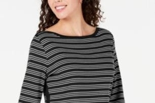 Blusa feminina Karen Scott de algodão listrada com bainha ventilada, preta, tamanho X-S