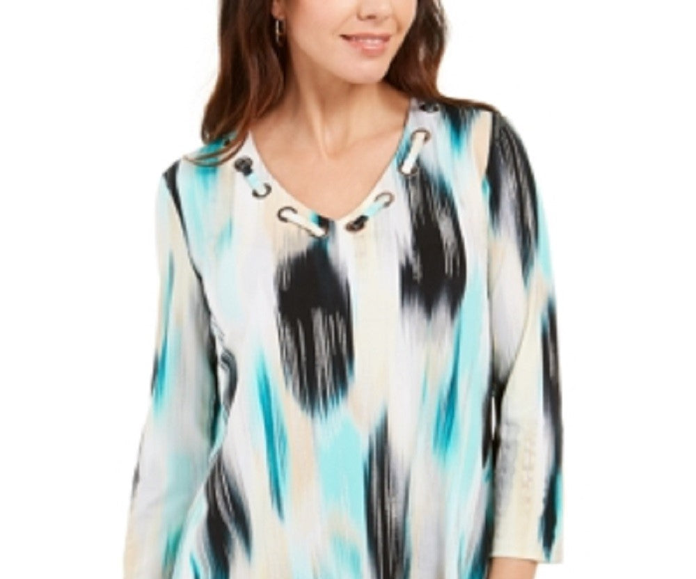 Top estampado com ilhós e decote redondo feminino JM Collection, verde, tamanho pequeno