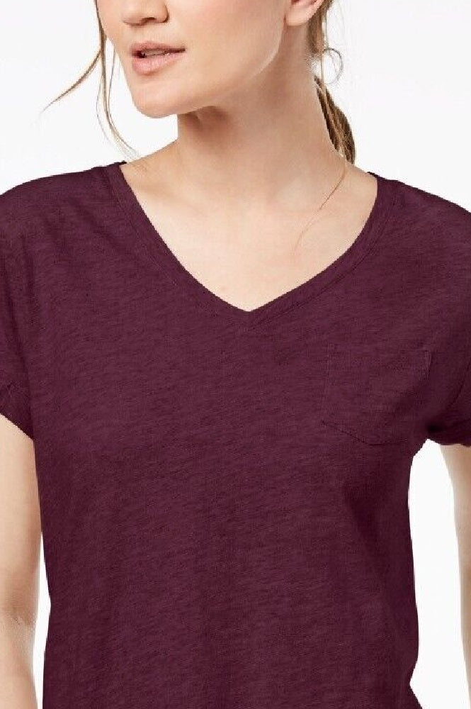 Camiseta feminina com decote em V e bolso, estilo &amp; co, vermelha, tamanho PL