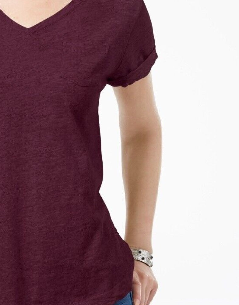 Camiseta feminina com decote em V e bolso, estilo &amp; co, vermelha, tamanho PL