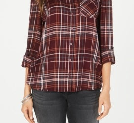 Camisa xadrez feminina Style &amp; Co com um bolso, vinho/branco, tamanho XX-G