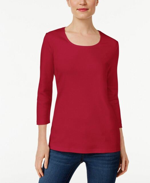 Karen Scott Top feminino de algodão com decote redondo, tamanho pequeno, vermelho, tamanho pequeno, G