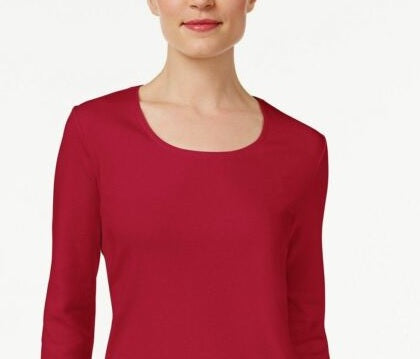 Karen Scott Top feminino de algodão com decote redondo, tamanho pequeno, vermelho, tamanho pequeno, G