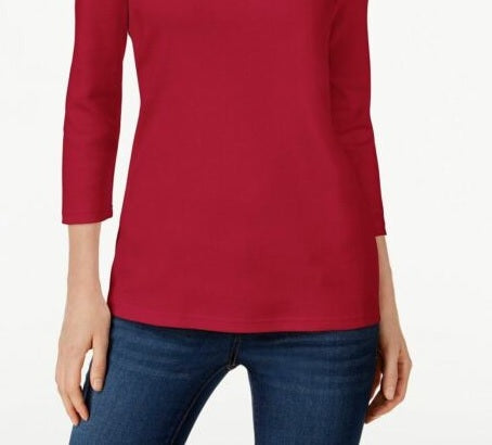 Karen Scott Top feminino de algodão com decote redondo, tamanho pequeno, vermelho, tamanho pequeno, G