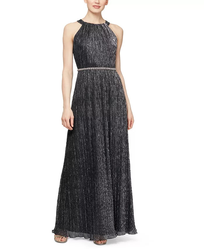 Vestido longo feminino SL Fashions com contas metálicas, prateado, tamanho 6