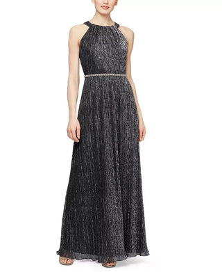 Vestido longo feminino SL Fashions com contas metálicas, prateado, tamanho 6