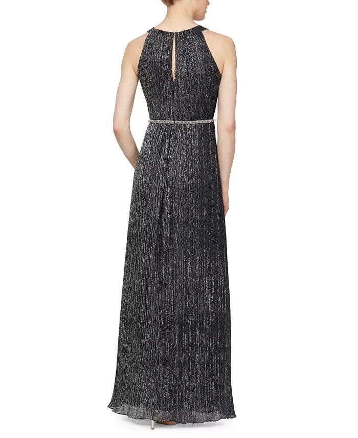 Vestido longo feminino SL Fashions com contas metálicas, prateado, tamanho 6