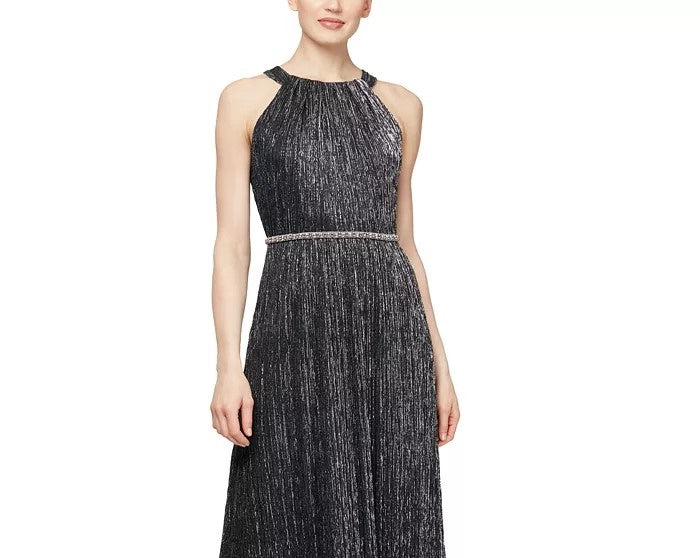 Vestido longo feminino SL Fashions com contas metálicas, prateado, tamanho 6