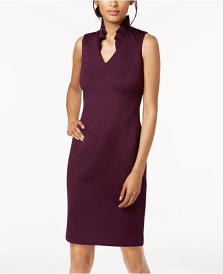Vestido curto Calvin Klein feminino com gola babada e bainha estilo Scuba, roxo, tamanho 8