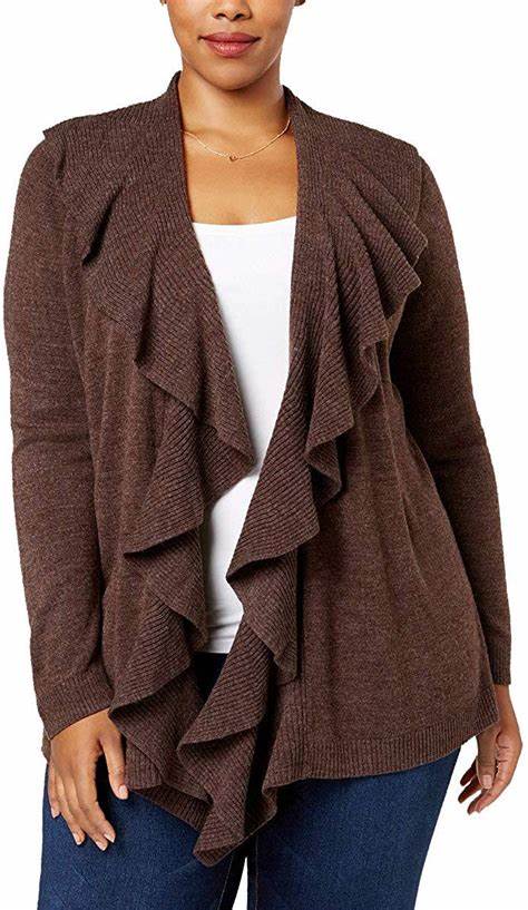 Karen Scott Cardigan Feminino com Babados na Frente Marrom Escuro Tamanho P