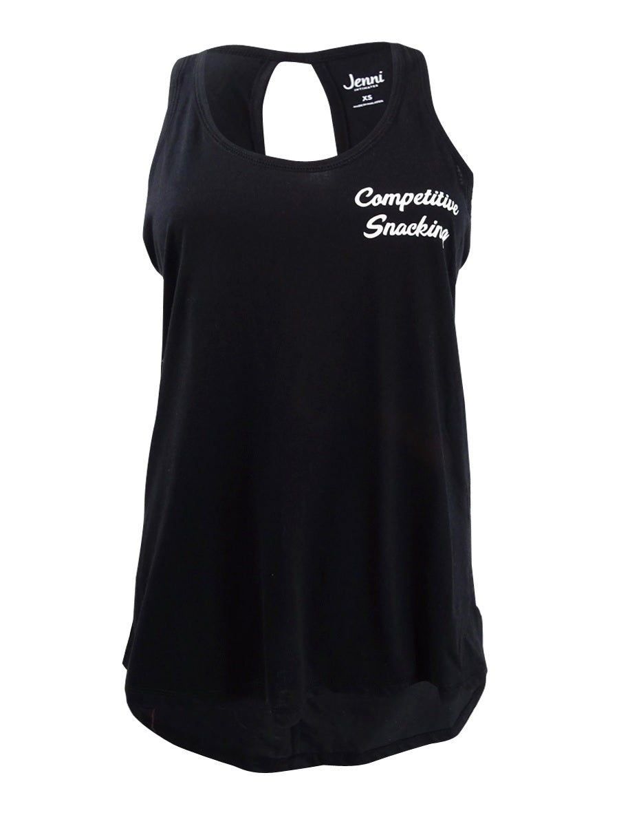 Camiseta regata feminina Jenni com estampa gráfica e abertura para fechadura, preta, tamanho grande