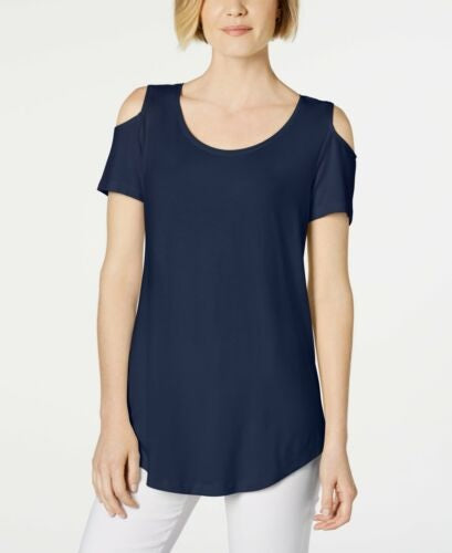 JM Collection Blusa feminina com ombros descobertos, azul, tamanho extragrande