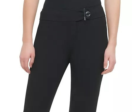 Calça feminina Calvin Klein com botões frontais e perna reta, preta, tamanho 4