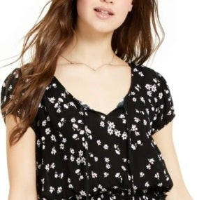 Blusa camponesa estampada com cintura franzida Ultra Flirt Junior, preta/flores, tamanho X-S