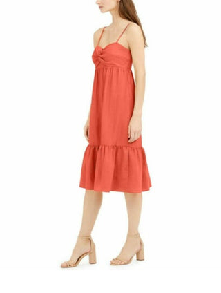 Vestido midi feminino INC International Concepts com frente torcida e mistura de linho, laranja, tamanho pequeno