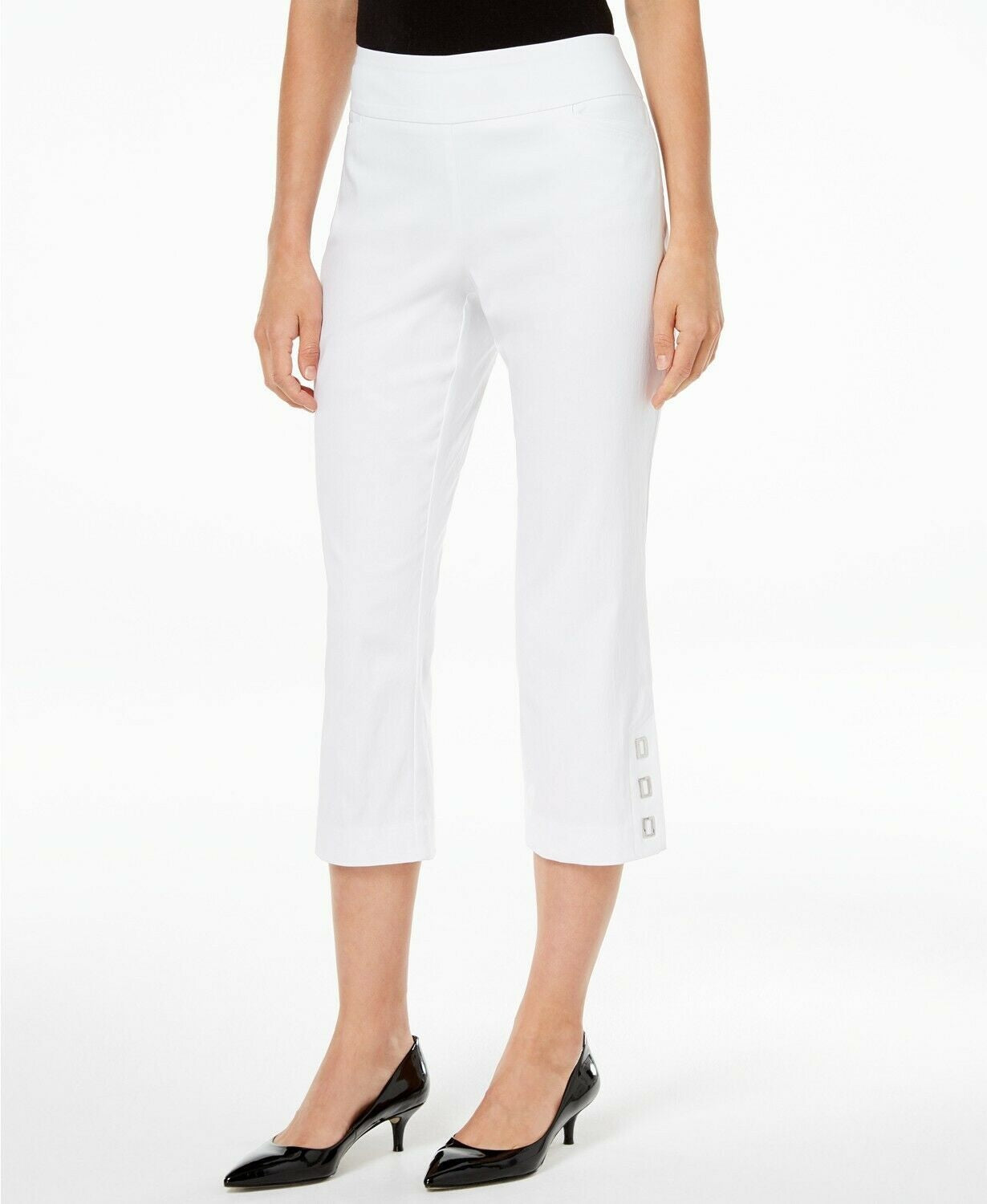 Calça capri feminina com controle de barriga e bainha abotoada JM Collection, branca, tamanho grande