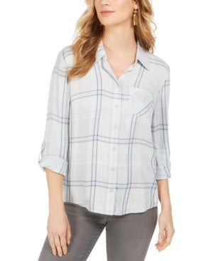 Camisa xadrez feminina Style &amp; Co com um bolso, cinza, tamanho extragrande