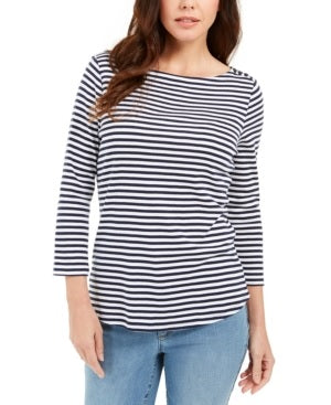 Blusa listrada feminina Charter Club com manga 3/4, branca/azul-marinho, tamanho pequeno