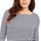 Blusa listrada feminina Charter Club com manga 3/4, branca/azul-marinho, tamanho pequeno