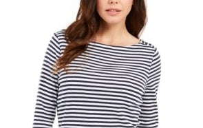Blusa listrada feminina Charter Club com manga 3/4, branca/azul-marinho, tamanho pequeno