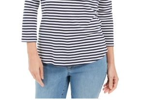 Blusa listrada feminina Charter Club com manga 3/4, branca/azul-marinho, tamanho pequeno