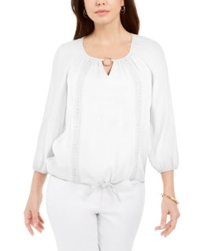 Top feminino com amarração em crochê da coleção JM, branco, tamanho médio