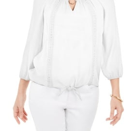 Top feminino com amarração em crochê da coleção JM, branco, tamanho médio