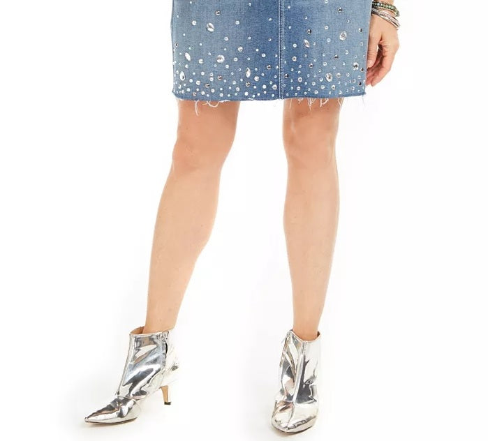 INC International Concepts Saia jeans feminina com corte curvilíneo e strass, azul, tamanho 0