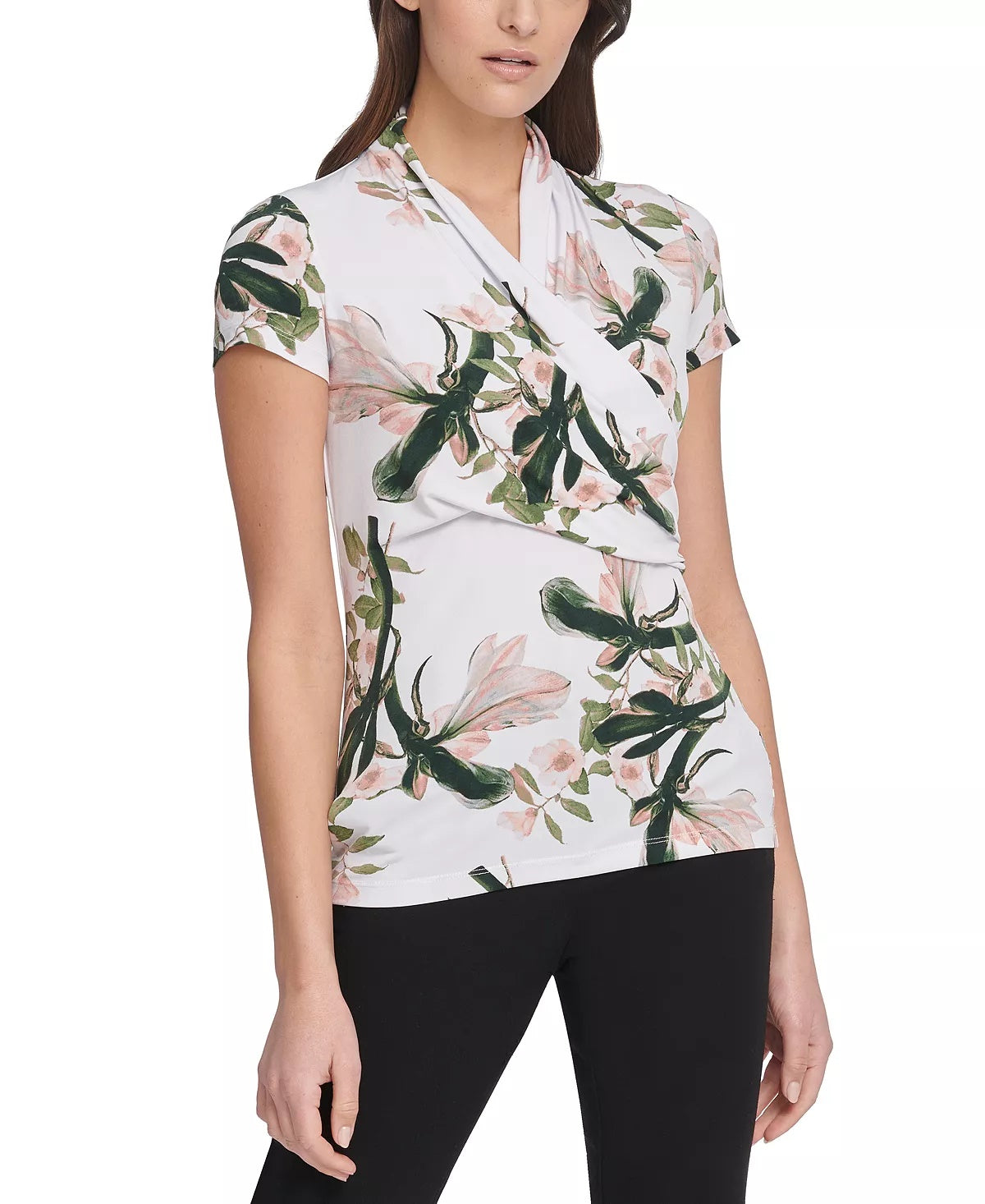 Blusa franzida com estampa floral feminina DKNY, branca, tamanho X-G